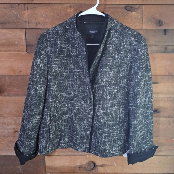 Talbots Women's Black Tweed Single Button Pockets Ruffle Trim Blazer Size 12 - Picture 1 of 7